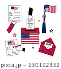 Set of American voting icons with hands, ballots, and flag. 130192332