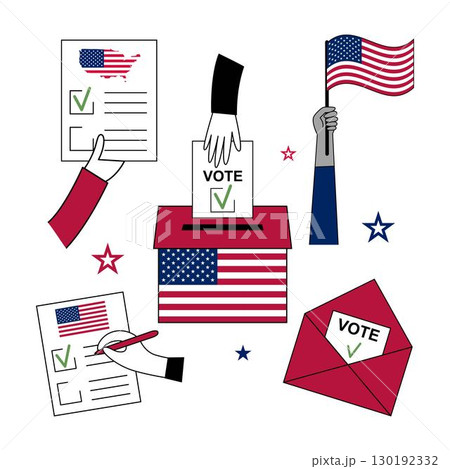 Set of American voting icons with hands, ballots, and flag. 130192332