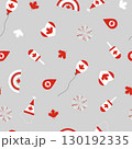 Festive seamless pattern with Canadian maple leaves, balloons, fireworks, ice cream, party hats, and hearts in red and white colors. 130192335