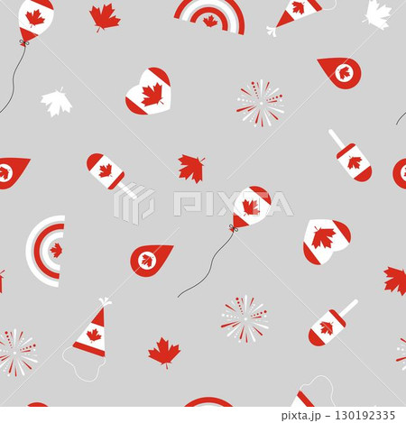 Festive seamless pattern with Canadian maple leaves, balloons, fireworks, ice cream, party hats, and hearts in red and white colors. Festive seamless pattern with Canadian maple leaves, balloons, fireworks, ice cream, party hats, and hearts in red and white colors. 130192335