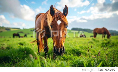 horse in the field, a chestnut horse standing on lush green pasture during golden hour, symbolizing freedom, rural tranquility, and the beauty of farm life surrounded by open fields 130192345