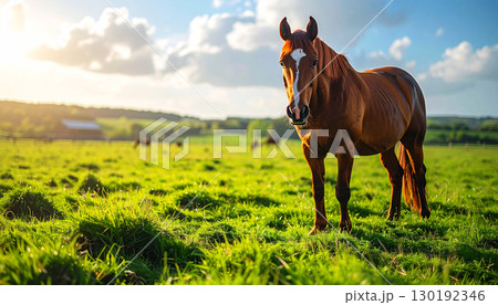 horse in the field, a chestnut horse standing on lush green pasture during golden hour, symbolizing freedom, rural tranquility, and the beauty of farm life surrounded by open fields 130192346