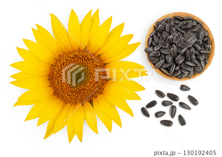 Sunflower with seeds in wooden bowl isolated on a white background. Top view. Flat lay Sunflower with seeds in wooden bowl isolated on a white background. Top view. Flat lay 130192405