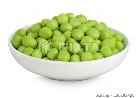 Fresh green peas in ceramic bowl isolated on white background Fresh green peas in ceramic bowl isolated on white background 130192420