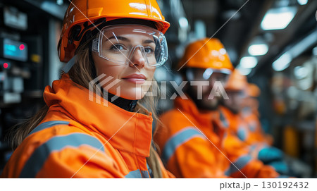Female construction worker in safety gear with team at industrial site 130192432