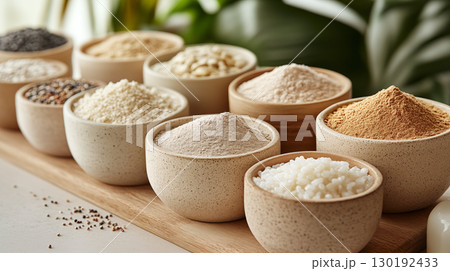 Variety of cooking ingredients in ceramic bowls arranged on wooden board 130192433