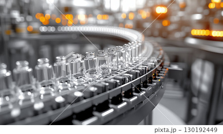 Glass vials on automated production line in modern pharmaceutical factory 130192449