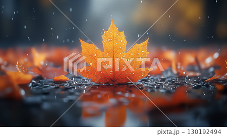 Orange Maple Leaf on Rainy Ground in Autumn Park 130192494