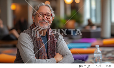 Smiling Man Relaxing in Yoga Studio With Cozy Atmosphere 130192506
