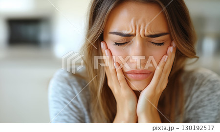 Upset Woman Holding Face in Hands Expressing Pain or Frustration 130192517