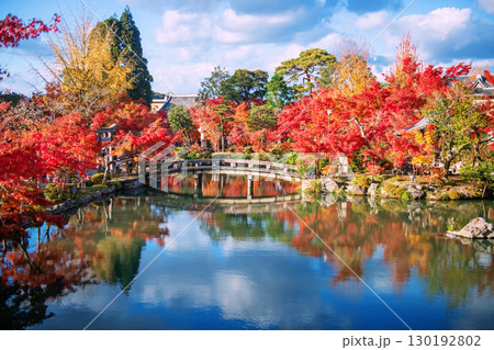 bridge across pond to Eikando shrine with fall leaf colors, Kyoto 130192802