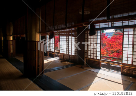 Shinnyodo temple building interior with autumn maple leaf, Kyoto 130192812