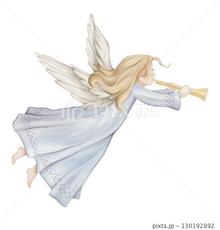 Christmas angel trumpets with light hair and blue dress watercolor illustration. Christian Nativity angel with wings isolated on background, design for religious baptism invitation, greeting card. Christmas angel trumpets with light hair and blue dress watercolor illustration. Christian Nativity angel with wings isolated on background, design for religious baptism invitation, greeting card. 130192892