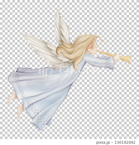 Christmas angel trumpets with light hair and blue dress watercolor illustration. Christian Nativity angel with wings isolated on background, design for religious baptism invitation, greeting card. Christmas angel trumpets with light hair and blue dress watercolor illustration. Christian Nativity angel with wings isolated on background, design for religious baptism invitation, greeting card. 130192892