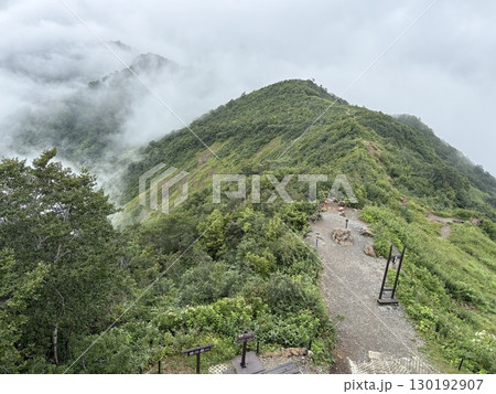 霧の立ちこめる夏の谷川岳天神尾根から見た谷川岳登山道_谷川岳 130192907