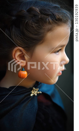Child in costume with pumpkin earrings 130192939