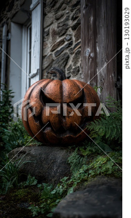 Carved pumpkin with menacing expression on stone 130193029
