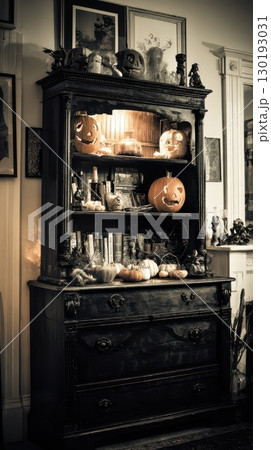 Haunted wooden cabinet for Halloween 130193031