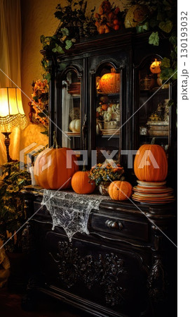Autumn display with pumpkins flowers 130193032