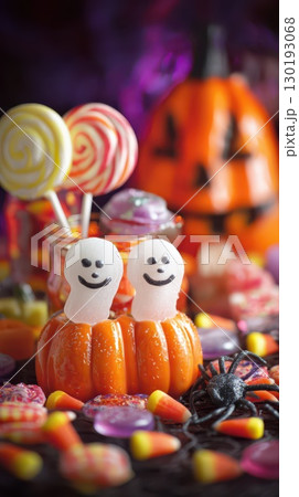 Vibrant Halloween treats and decor displayed Vibrant Halloween treats and decor displayed 130193068