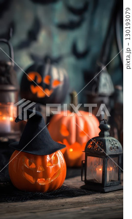 Halloween decor: carved pumpkins lanterns Halloween decor: carved pumpkins lanterns 130193079