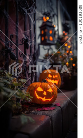 Nighttime carved pumpkin Halloween decor 130193089