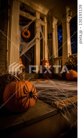Halloween porch with pumpkins & webs 130193139