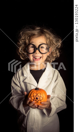 Child scientist holding a pumpkin in a lab coat 130193224
