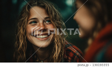 Young woman smiling in a natural, rustic setting 130193355