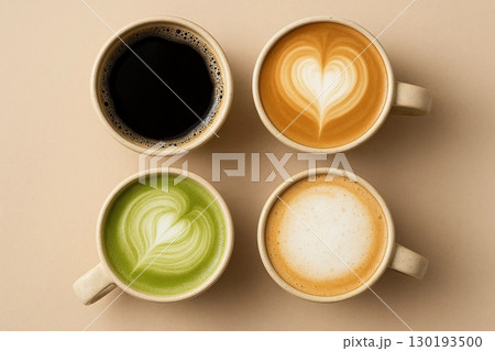 Variety of Coffee and Matcha Lattes, Top View Variety of Coffee and Matcha Lattes, Top View 130193500
