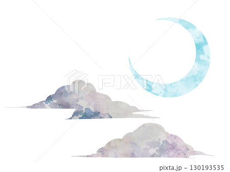 水彩画風の青白い三日月と雲 130193535