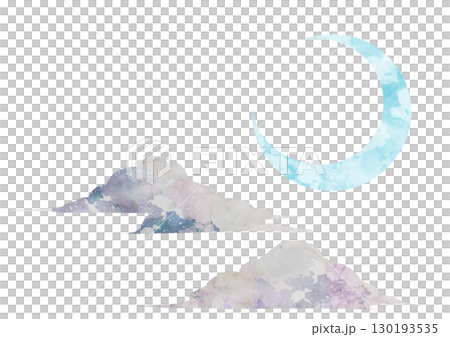 水彩画風の青白い三日月と雲 130193535