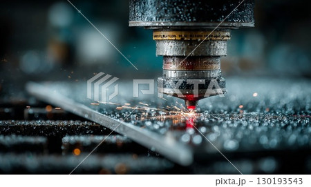 A laser cutting a metal sheet in an industrial factory 130193543