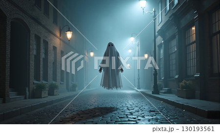 Cinematic Floating Ghost on Foggy Vintage Street at Night. 130193561