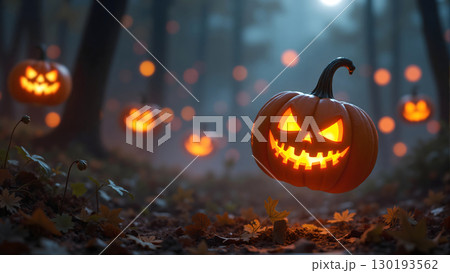 Floating Jack o'Lantern in Haunted Forest at Night. 130193562
