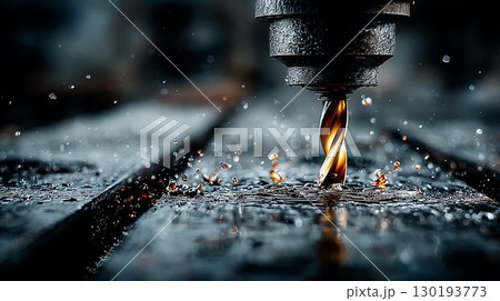 A drilling machine cutting into a metal plate 130193773