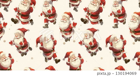 Seamless Christmas pattern with funny cartoon Santa Clauses on white background. Perfect for festive wrapping paper for New Year and Christmas or holiday designs 130194069