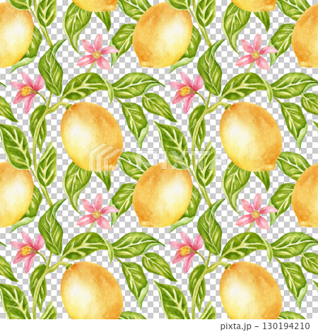 Seamless pattern with lemons, pink flowers, and green leaves. Flowering citrus tree, watercolor print. Juicy summer fruits for kitchen textiles, wallpaper, bedding, and tableware. 130194210