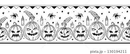 Seamless border with pumpkins, crows, spiders, and candles. Halloween celebrations, horizontal pattern. Spooky hand-drawn drawings, traditional annual holiday. Gothic background, mystical ritual. 130194211