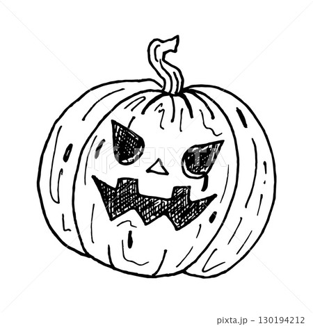 Hand-drawn illustration of Jack o lantern pumpkin, for Halloween. Image of a spooky pumpkin with an ominous smile in a scribble style. Engraving, coloring book, and festive decor 130194212