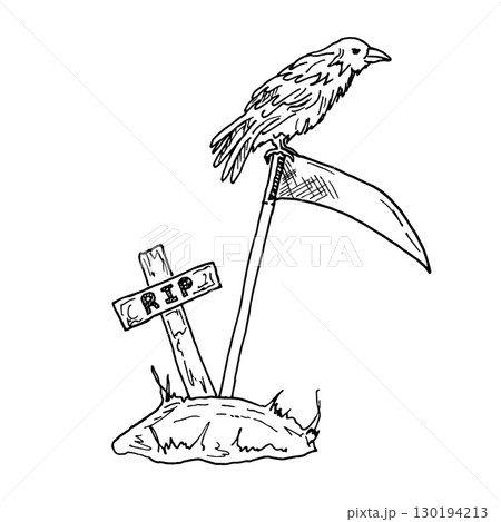 Illustration of a grave with a cross, a raven, and a scythe of death. Spooky illustration of a cemetery, Halloween design element. Doodle style design black outlines for prints, tattoos, postcards 130194213