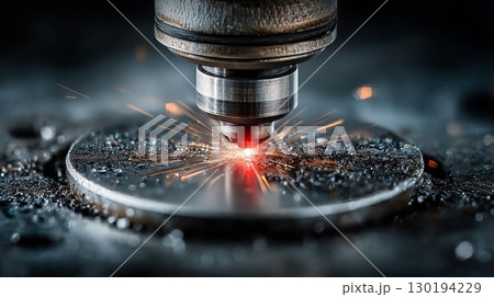 Laser cutting a round metal plate with bright sparks 130194229