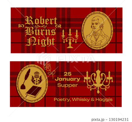 Robert Burns Night 25th January, United Kingdom Scotland background banner vintage invitation illustration on red 130194231