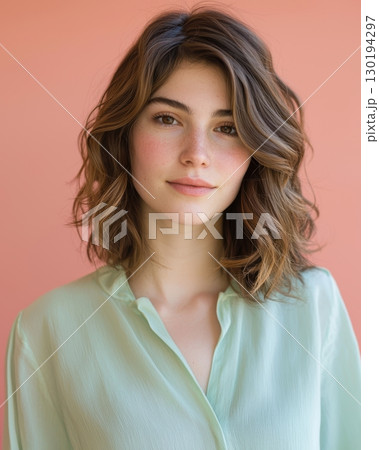 Serene portrait of a young woman with wavy hair. 130194297