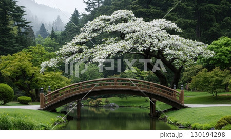 Serene spring garden bridge and blossoming tree 130194298
