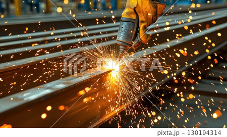 Sparks fly metalworking in action. 130194314