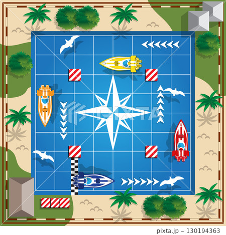 Racing on boats. Board game. View from above. Vector illustration. Racing on boats. Board game. View from above. Vector illustration. 130194363