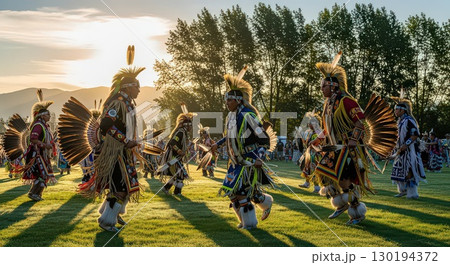 Native American Dancers Performing at Sunset Ai Generated 130194372