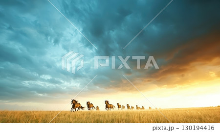 Wild horses galloping sunset dramatic sky. 130194416