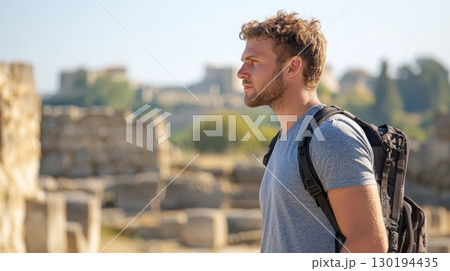Young man exploring ancient ruins greece travel photography 130194435